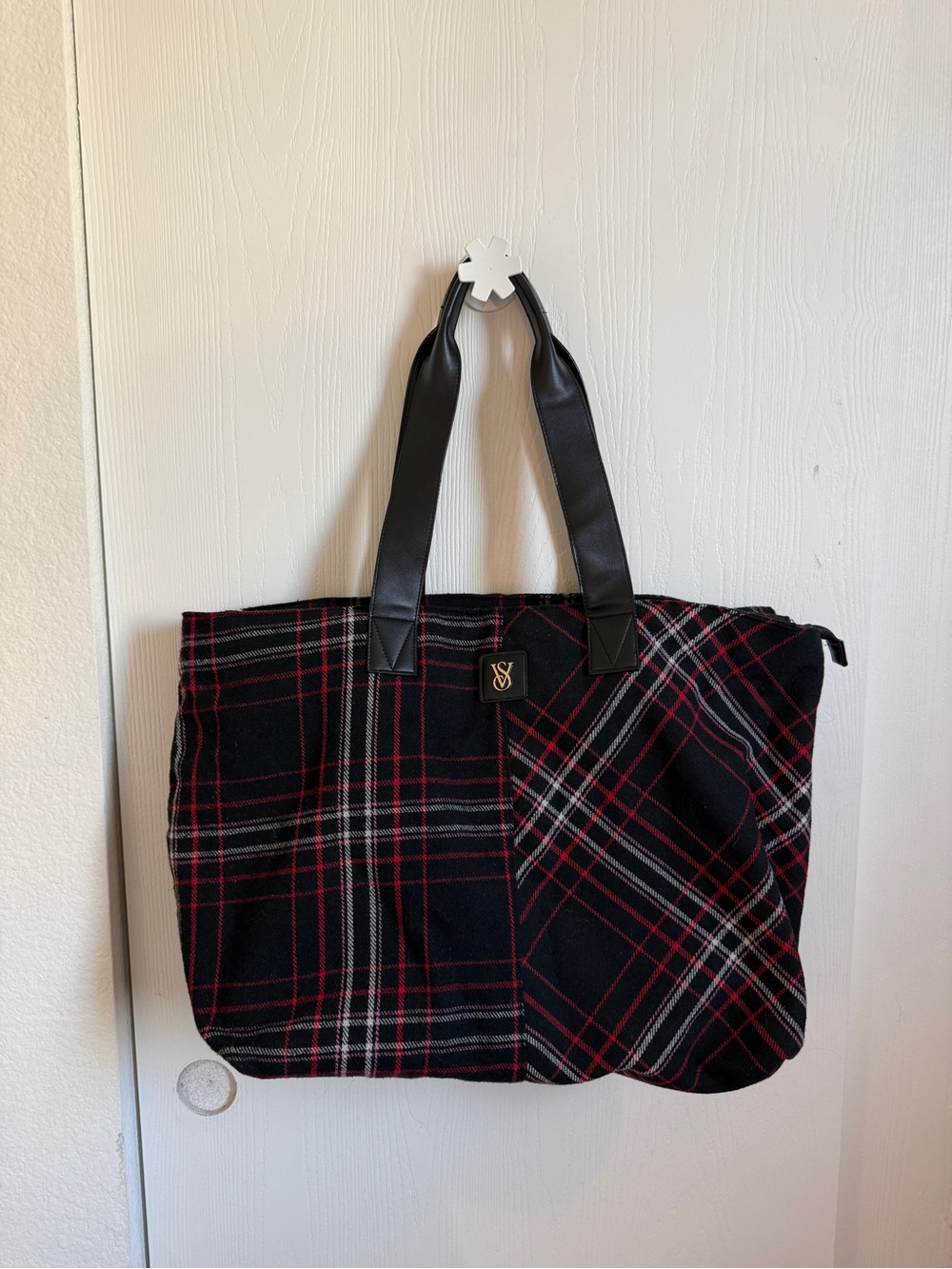 Victoria's Secret Black Plaid Tote with Red and Gray Accents